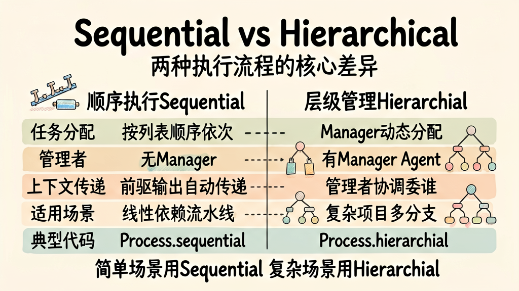 Sequential 与 Hierarchical 流程对比