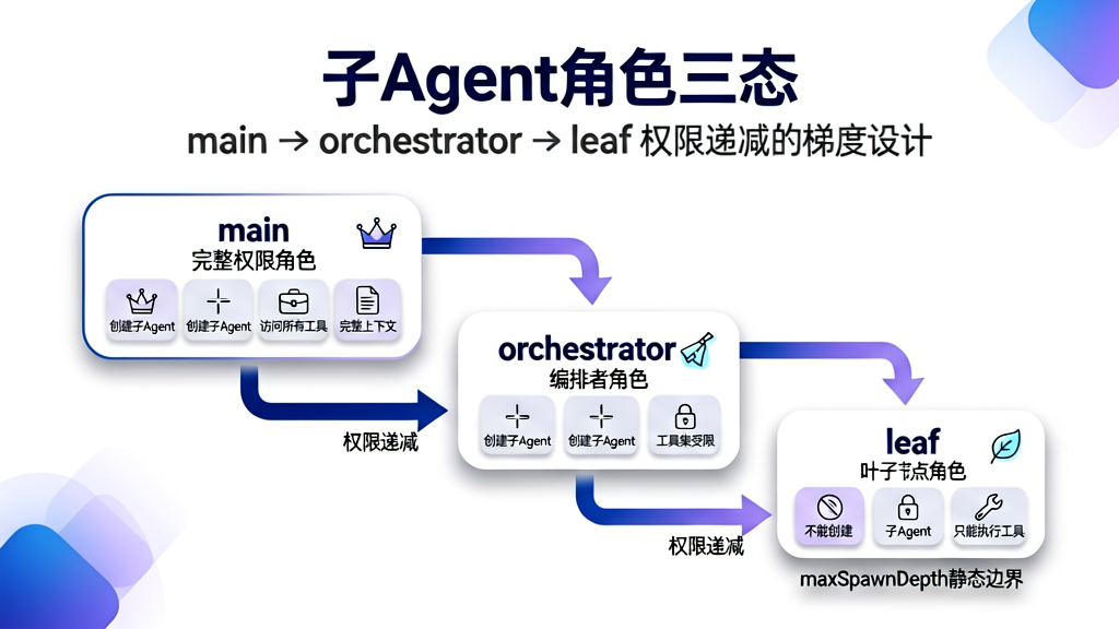 子Agent角色三态:main → orchestrator → leaf 权限递减的梯度设计